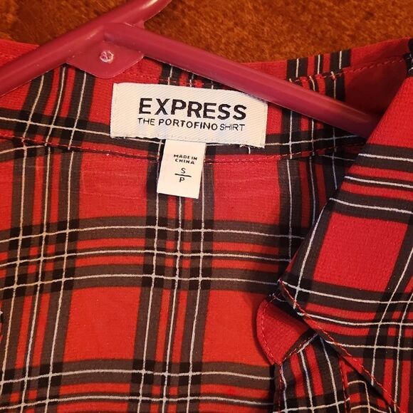 Express Portifino Sheer Long Sleeve Button Down Shirt Small Red & Black Plaid - Picture 7 of 8